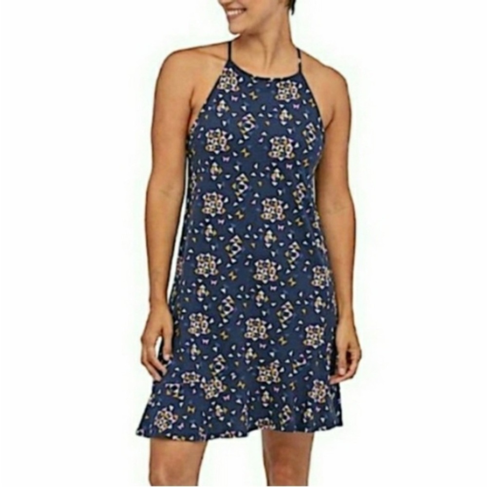 Patagonia Alpine Valley NAVY blue organic cotton back twist flirty ruffle Dress